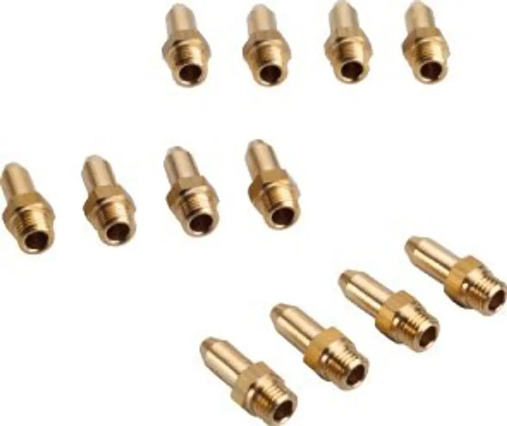 BOSCH-Gasumsatzset mit mehreren Messingdüsen, die zur Umwandlung von Gasgeräten verwendet werden. Verschiedene Größen und Formen erkennbar.